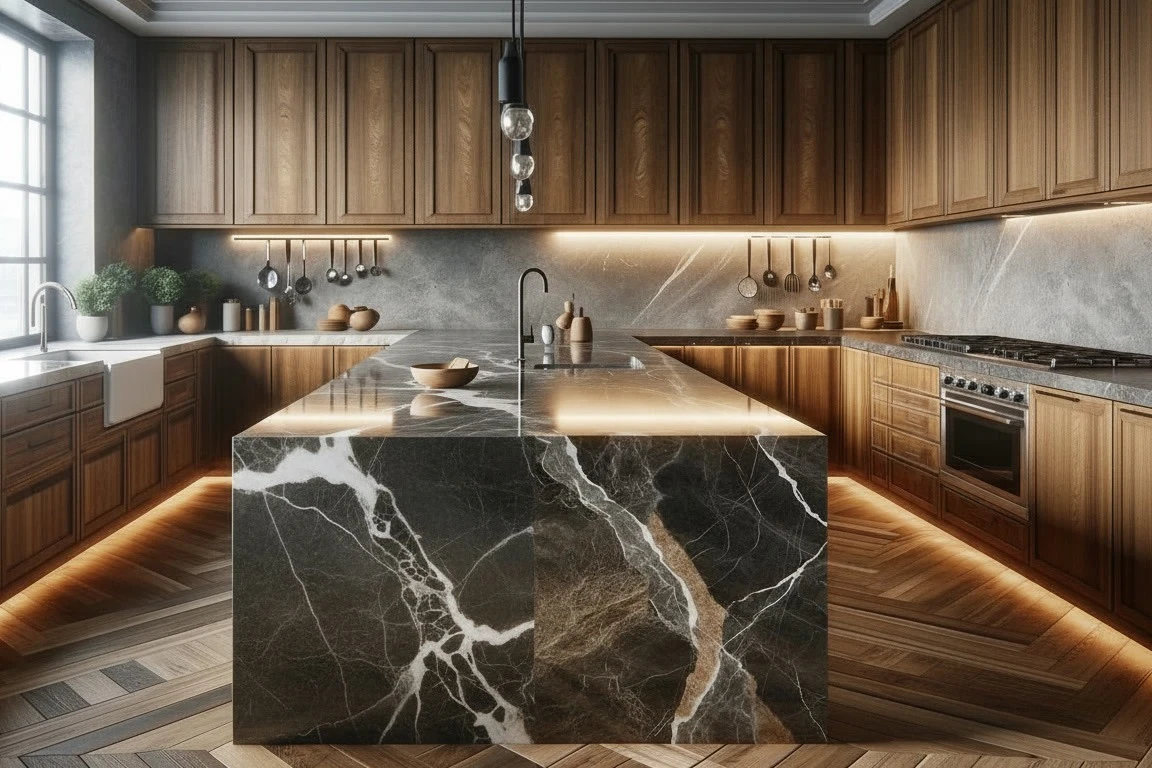 Capture d'écran de la page d'accueil du site Casa & Granite, cuisine avec comptoir en quartz sombre